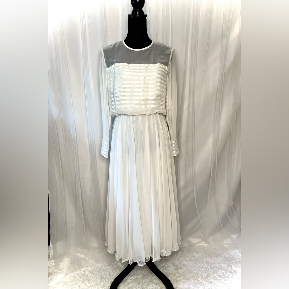 Vintage Miss Elliette Ivory Chiffon Dress; Satin Detail Floaty Skirt. Sz. 8